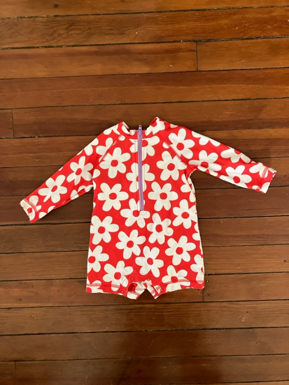 Primary Red & White Floral Long-Sleeve Rash Guard Swimsuit